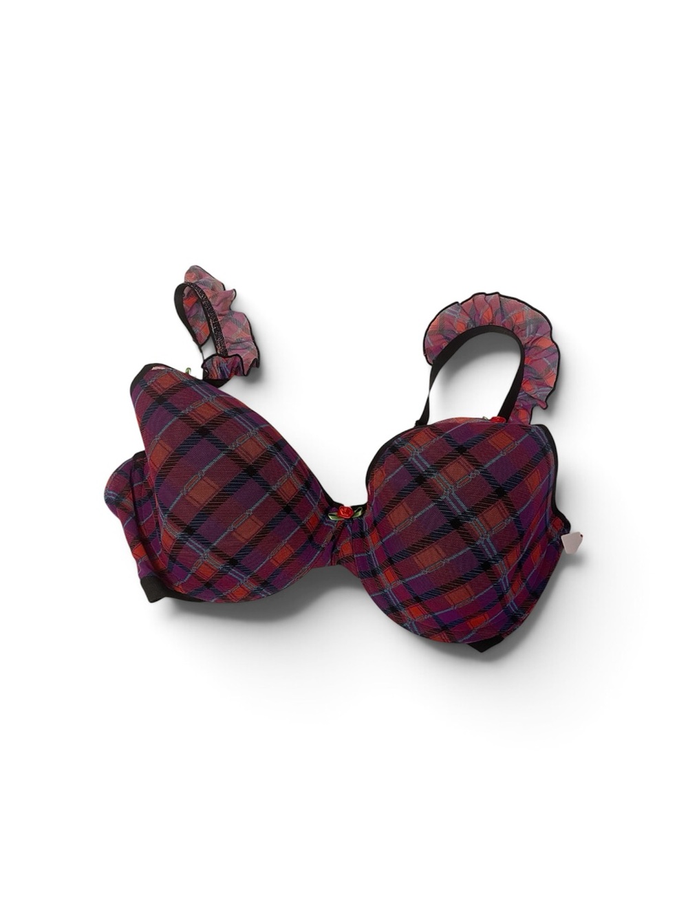 Purple Plaid Push-Up Bra with Ruffled Straps